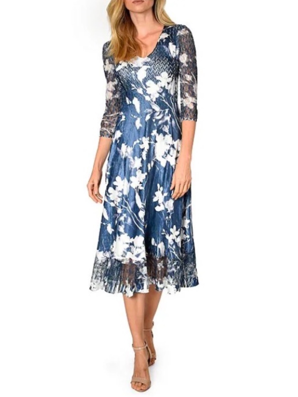 NWOT Komarov Blue Floral Charmeuse Midi Dress V-Neck Wedding Guest Size S